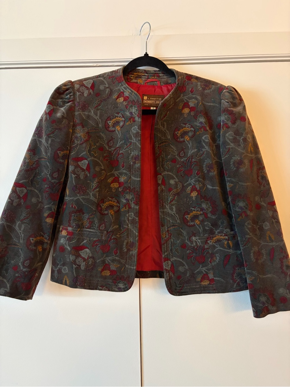 Vintage Floral Embroidered velvet Blazer in Charcoal green with Red Lining